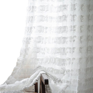 Square Lattice Fringe Trim Geometric White Sheer Curtain 1