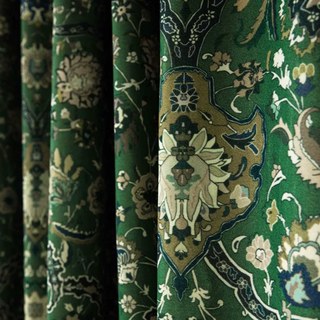 Zanjan Zen Emerald Green Persian Floral Velvet Curtains