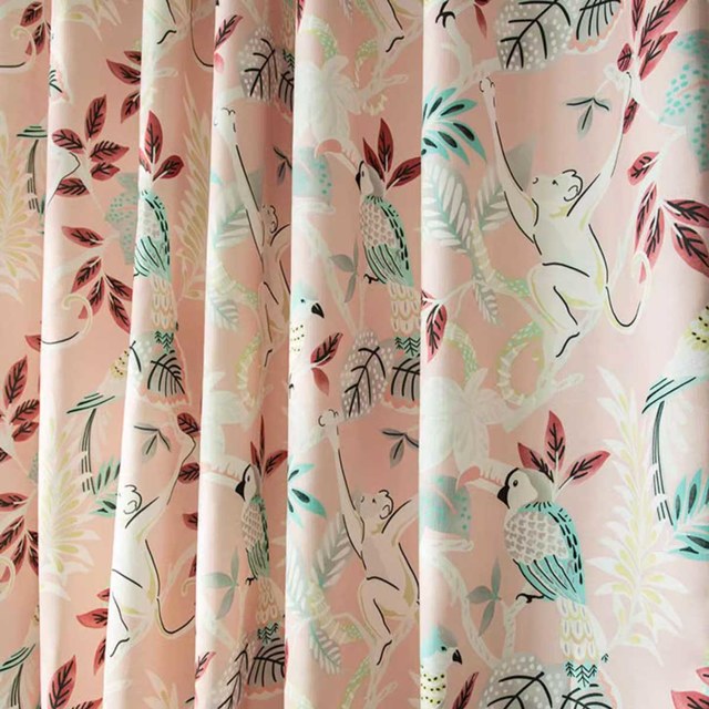 Jungle Mingle Monkey and Parrot Pink Floral Velvet Curtain 1