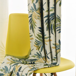 Leafy Whispers Linen Style Blue Green Palm Leaf Tropical Blackout Curtain