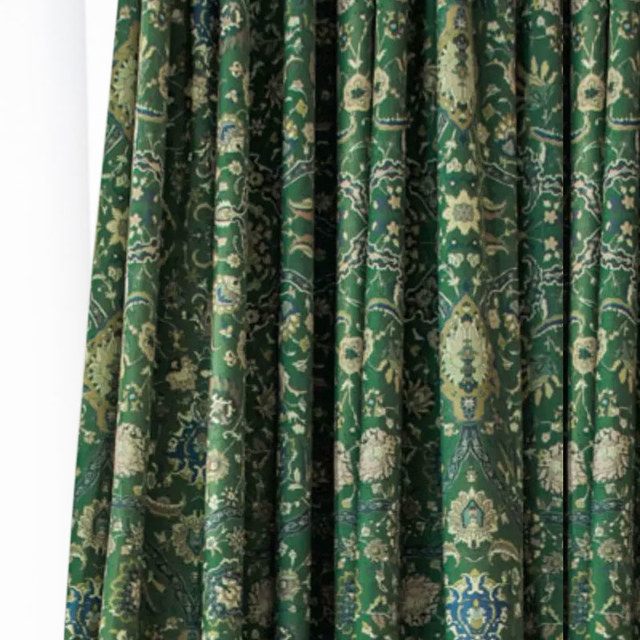 Zanjan Zen Vintage Emerald Green Persian Floral Velvet Curtains