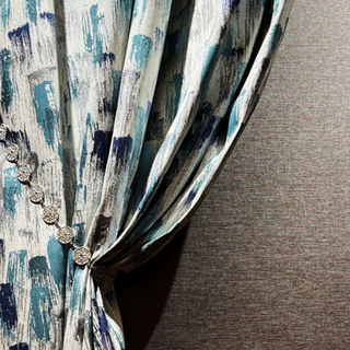Impressionist Strokes Luxury Jacquard Teal Blue Curtain with Silver Details