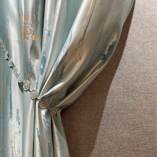Misty Rain Jacquard Faux Silk Pastel Blue Abstract Curtain With Gold Details 1