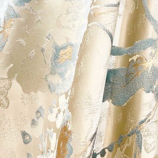 Secret Garden Silky Cream & Pastel Teal Floral Curtain with Gold Details 1