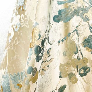 Secret Garden Silky Cream & Pastel Teal Floral Curtain with Gold Details 6