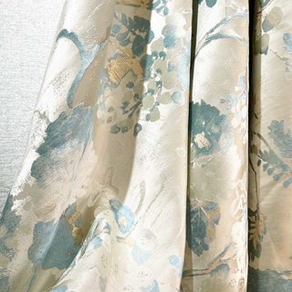 Secret Garden Silky Cream & Pastel Teal Floral Curtain with Gold Details 9
