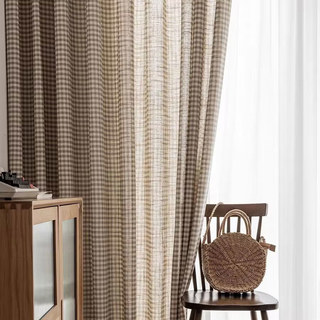 Farmhouse Charm Linen Style Mocha Brown Gingham Check Curtains 2