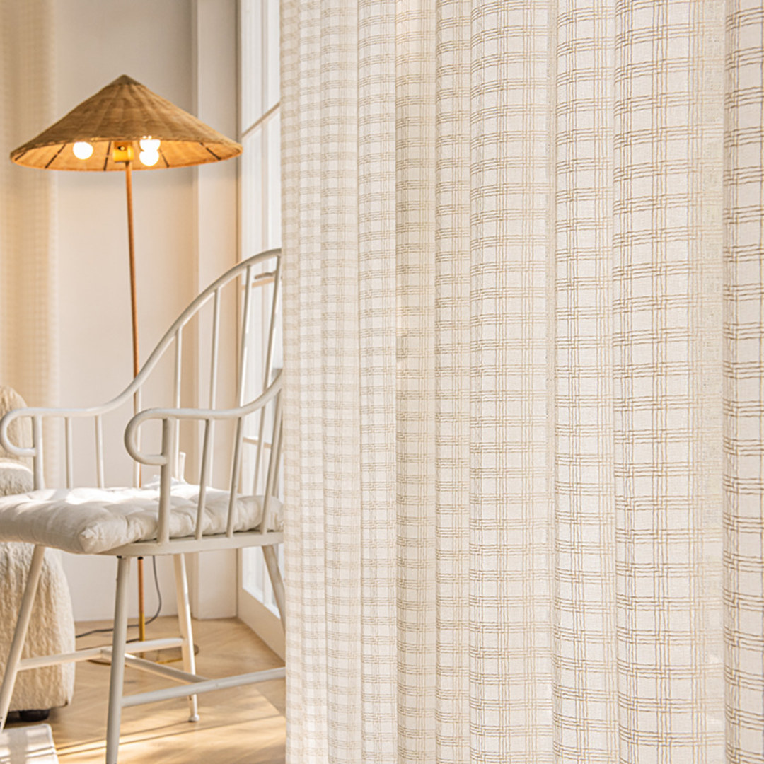 Ivory White Grid Check Linen Style Sheer Curtain