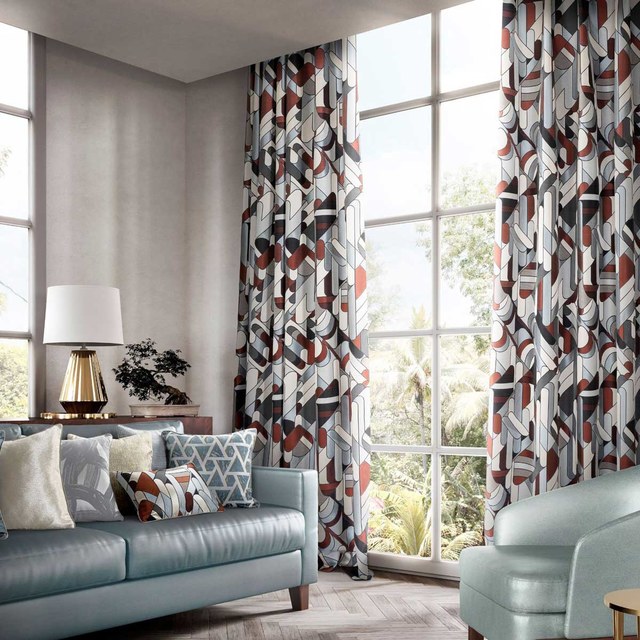 Capsule Vibe Jacquard Mid Century Modern Multi Colour Red Geometric Curtains 1