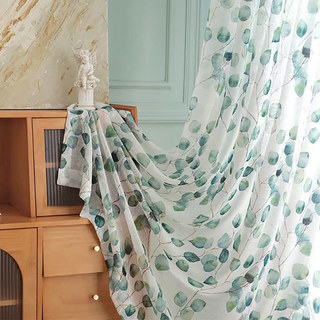 Misty Eucalyptus Green Leaf Watercolor Floral Sheer Curtains