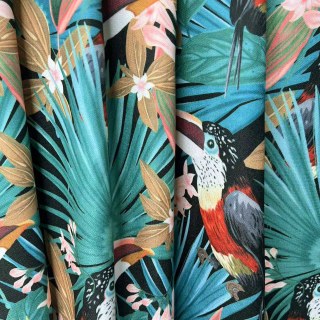 Tropical Toucan Paradise Red Green Linen Style Blackout Curtain