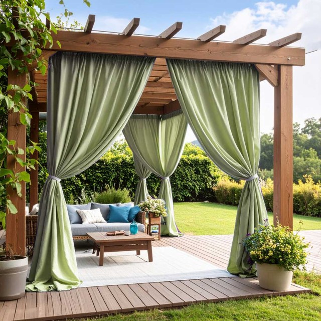Endless Summer Waterproof Sage Olive Green Linen Style Outdoor Heavy Sheer Curtain 1