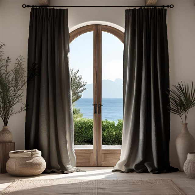 Shabby Chic Charcoal Grey 100% Flax Linen Curtain 1