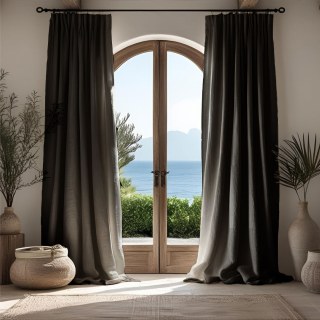 Shabby Chic Charcoal Grey 100% Flax Linen Curtain
