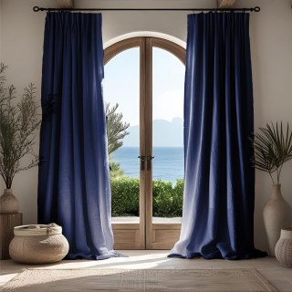 Shabby Chic Midnight Navy Blue 100% Flax Linen Curtain