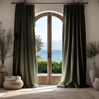 Shabby Chic Olive Green 100% Flax Linen Curtain