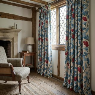 Arbutus Red Berries William Morris Blue Floral Velvet Curtain