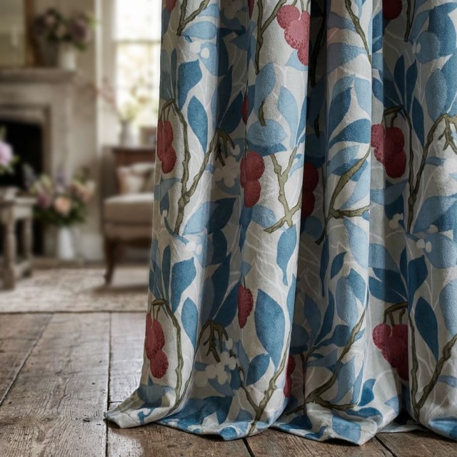 Arbutus Red Berries William Morris Blue Floral Velvet Curtain 2