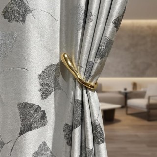 Asian Grove Luxury Jacquard Ginkgo Leaf Patterned Silvery Gray Curtain Drapes with Gold Details 3