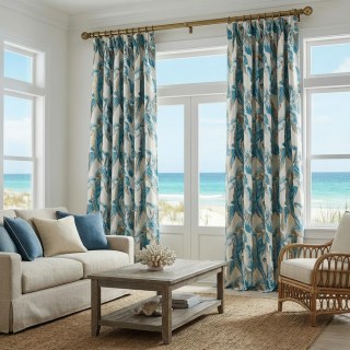 Banana Leaf Bliss Teal Blue and Gold Tropical Curtains 4
