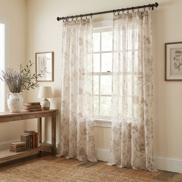Berry Meadow Mocha Brown Floral Sheer Curtains 1