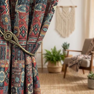 BOHO Rhapsody Multicolor Red Geometric 100% Cotton Curtain 2