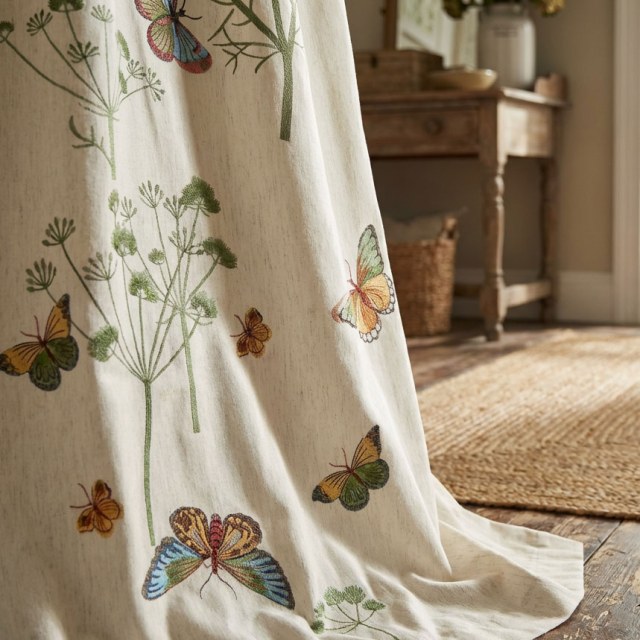 Butterfly Garden Cream Floral Embroidered Linen Style Curtain 1