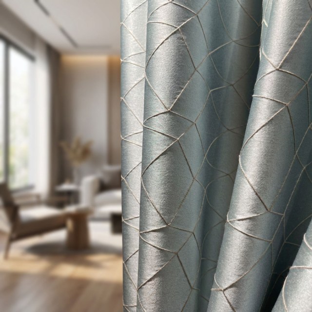 Capriccio Luxury 3D Jacquard Geometric Duck Egg Blue Curtain Drapes 1