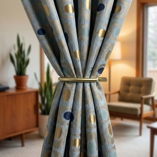 Circle Vibe Mid Century Modern Multicolor Gray Blue Gold Geometric Chenille Blackout Curtain 6