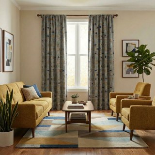 Circle Vibe Mid Century Modern Multicolor Gray Blue Gold Geometric Chenille Blackout Curtain