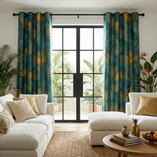 Fan Palm Silhouette Teal and Yellow Satiin Tropical Leaves Curtain 1
