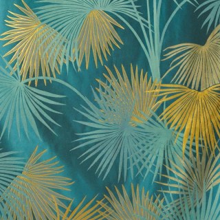 Fan Palm Silhouette Teal Blue and Yellow Tropical Leaves Curtain