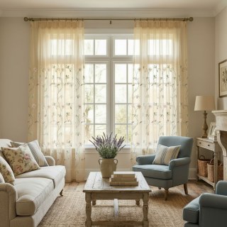 Fancy Pansy Embroidered Pink & Green Organza Sheer Curtain 3