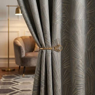 Gilded Ginkgo Art Deco Geometric Blue Gray Curtain with Gold Stripes 2