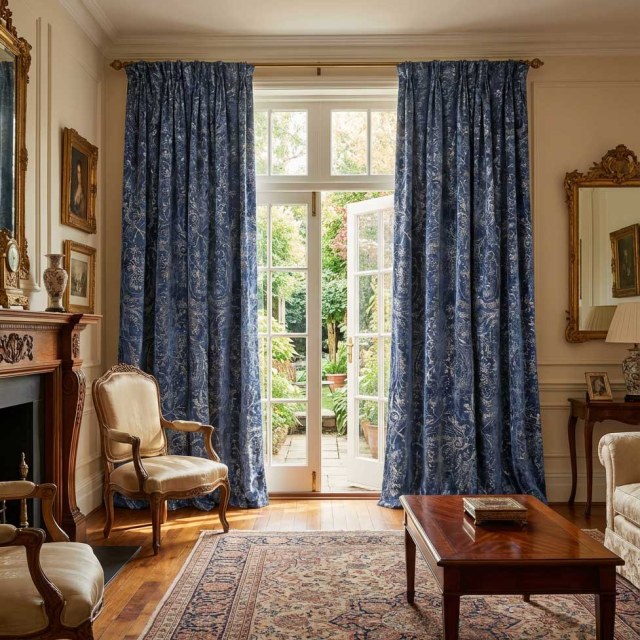 Heritage Luxury Blue Gilded Damask Velvet Curtain 1