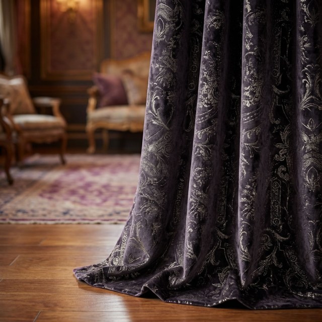 Heritage Luxury Dark Purple Gilded Damask Velvet Curtain 1