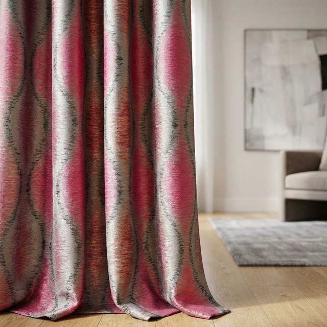 Ikat Ripples Black Magenta Red Ogee Geometric Curtains with Gold Details 2