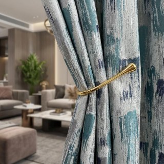 Impressionist Strokes Luxury Jacquard Teal Blue Curtain with Silver Details