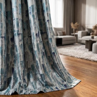 Impressionist Strokes Luxury Jacquard Teal Blue Curtain with Silver Details 2