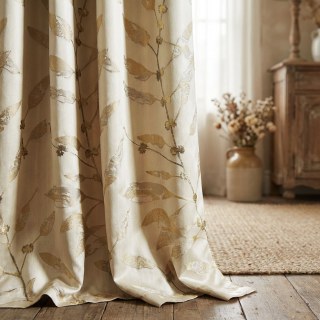 In The Woods Luxury Jacquard Shimmery Beige Cream Leaves Curtain with Gold Details