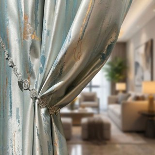Misty Rain Jacquard Faux Silk Pastel Blue Abstract Curtain With Gold Details 2