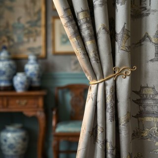 Pagoda & Junk Boat Chinoiserie Silvery Gray Satin Floral Curtain with Gold Details 2