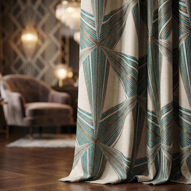 Prism Axis Teal and Gold Geometric Art Deco Curtains 1