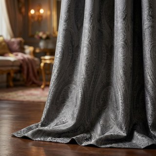 Royal Mirage Jacquard Charcoal Dark Gray Damask Velvet Curtain