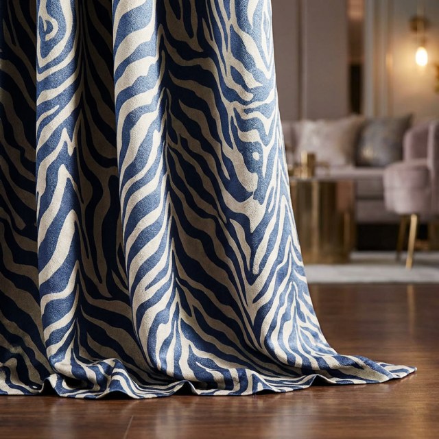 Savannah Luxury Jacquard Navy Blue Zebra Print Curtain 2