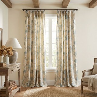 Secret Garden Silky Cream & Pastel Teal Floral Curtain with Gold Details 5