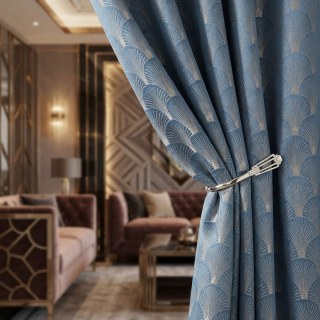The Roaring Twenties Luxury Art Deco Shell Patterned Aqua Blue & Silver Curtain Drapes