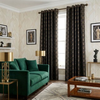 The Roaring Twenties Luxury Art Deco Shell Patterned Black & Gold Curtain Drapes 3