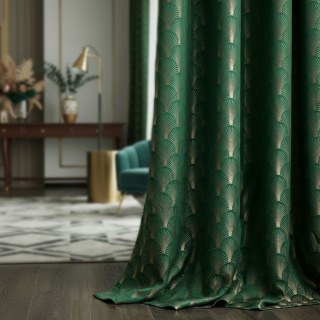 The Roaring Twenties Luxury Art Deco Shell Patterned Dark Green & Gold Curtain Drapes 2