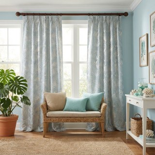 Tropical Bliss 3D Jacquard Duck Egg Blue Palm Leaves Curtain 3